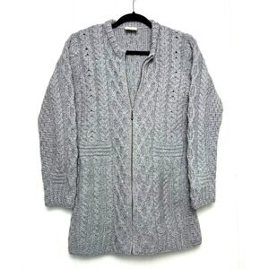 Kilronan Knitwear Irish 100% Merino Wool Cable Knit Zip‎ Cardigan Sweater Gray S